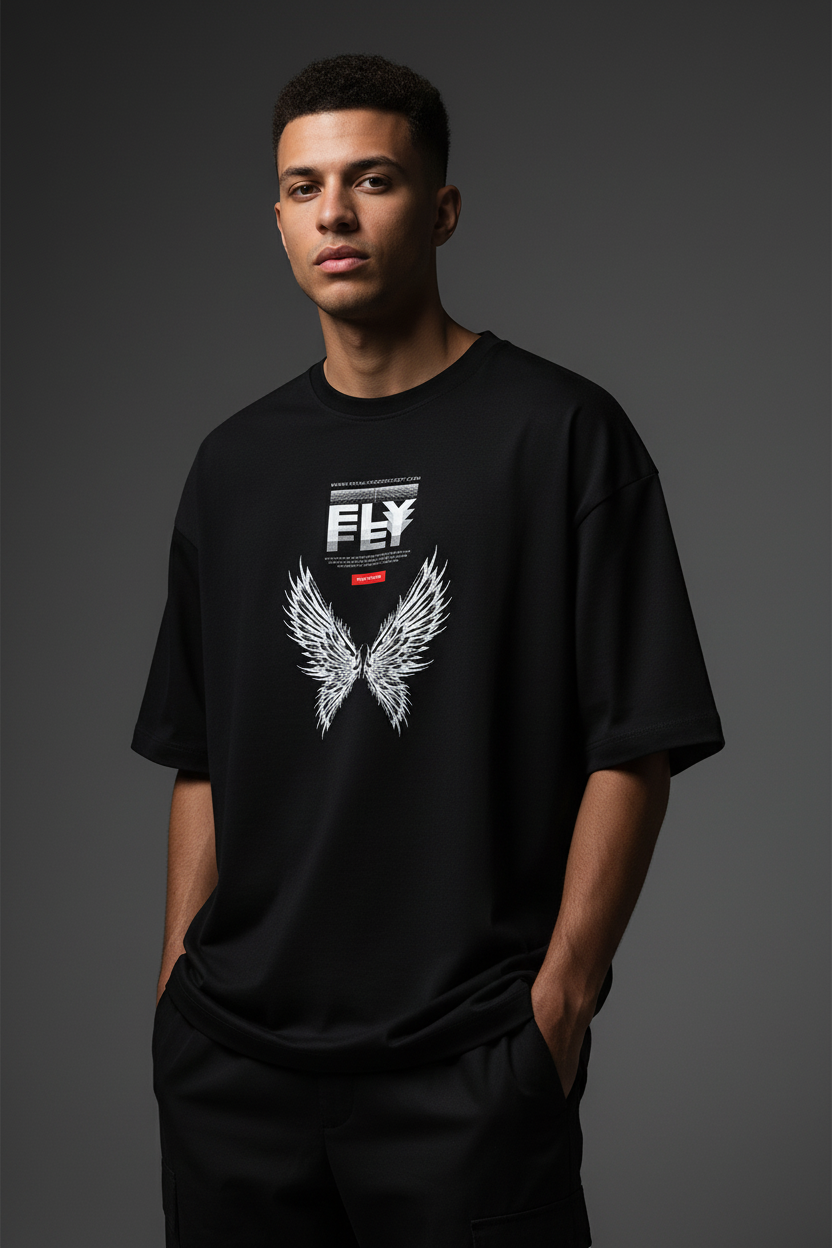 Black Oversized T-Shirt with Wings Graphic
