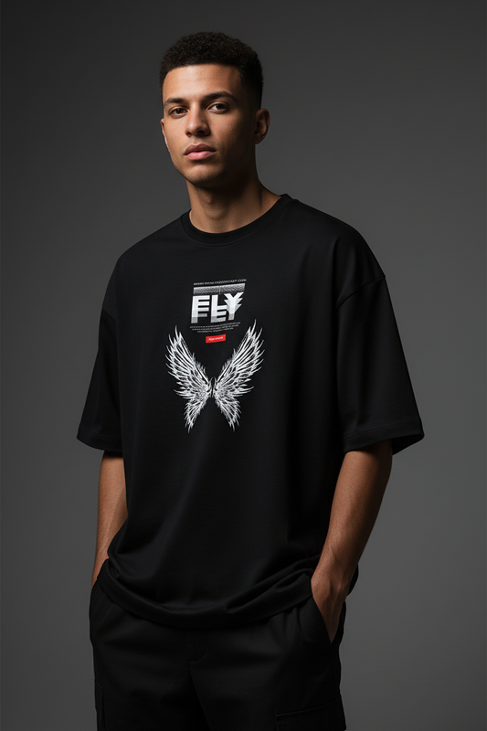 Black Oversized T-Shirt with Wings Graphic