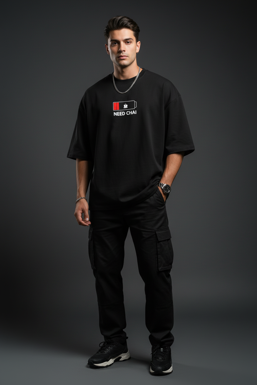 Need Chai' Low Battery Oversized Tee - Black