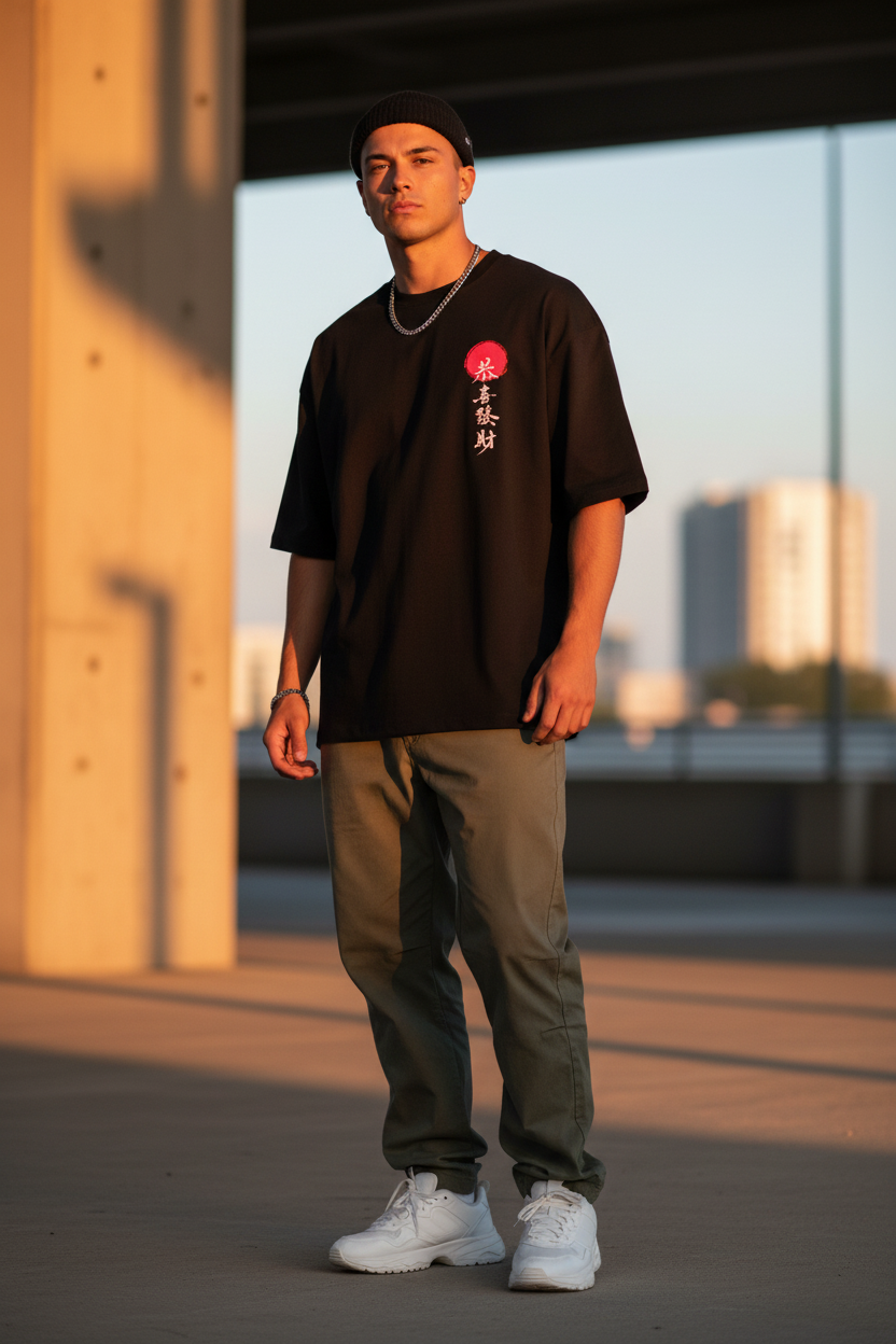 Black Oversized T-Shirt with Kanji & Red Sun Graphic